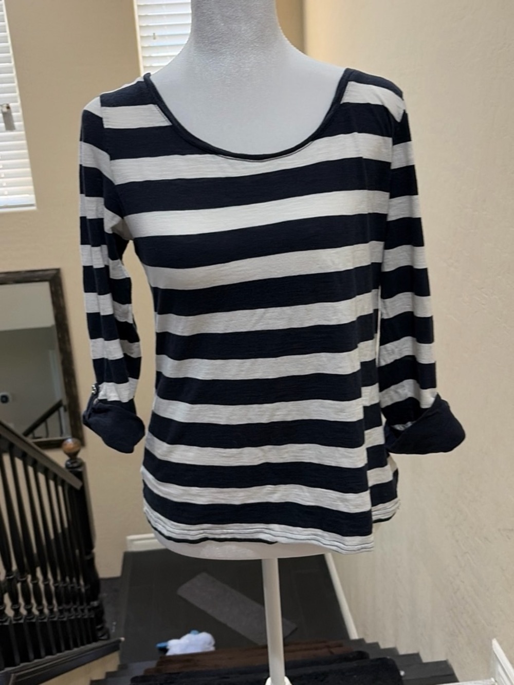 Banana Republic Navy and White Striped Long Sleeve Scoop Neck Top